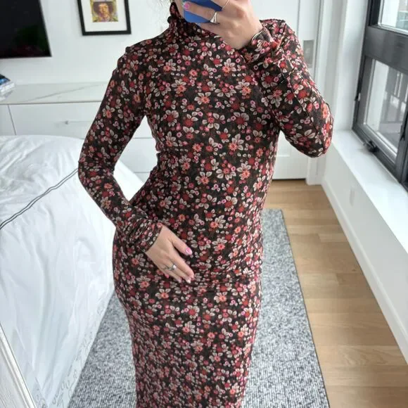 SOLD - Ramy Brook Turtleneck Floral Print Bodycon Midi Dress Brown Small - Picture 6 of 10
